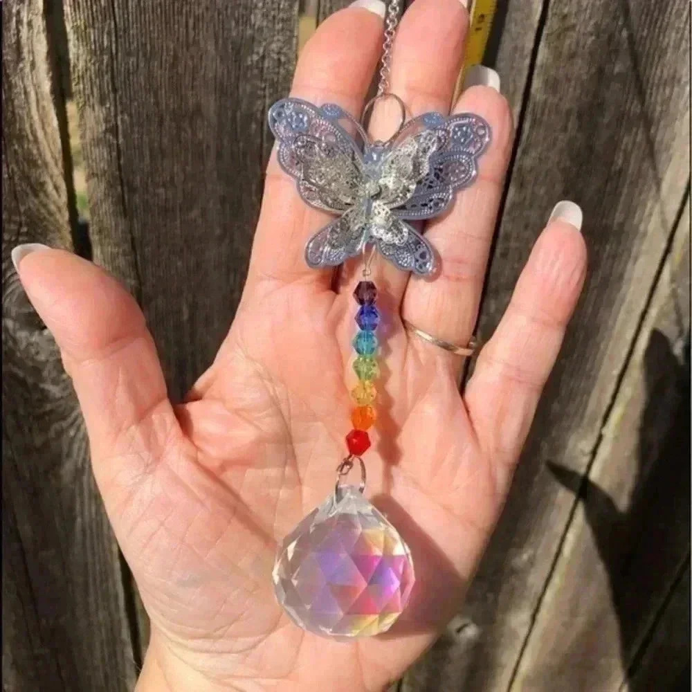 Gorgeous K9 Crystal Rainbow Butterfly Huge Globe Suncatcher NWT